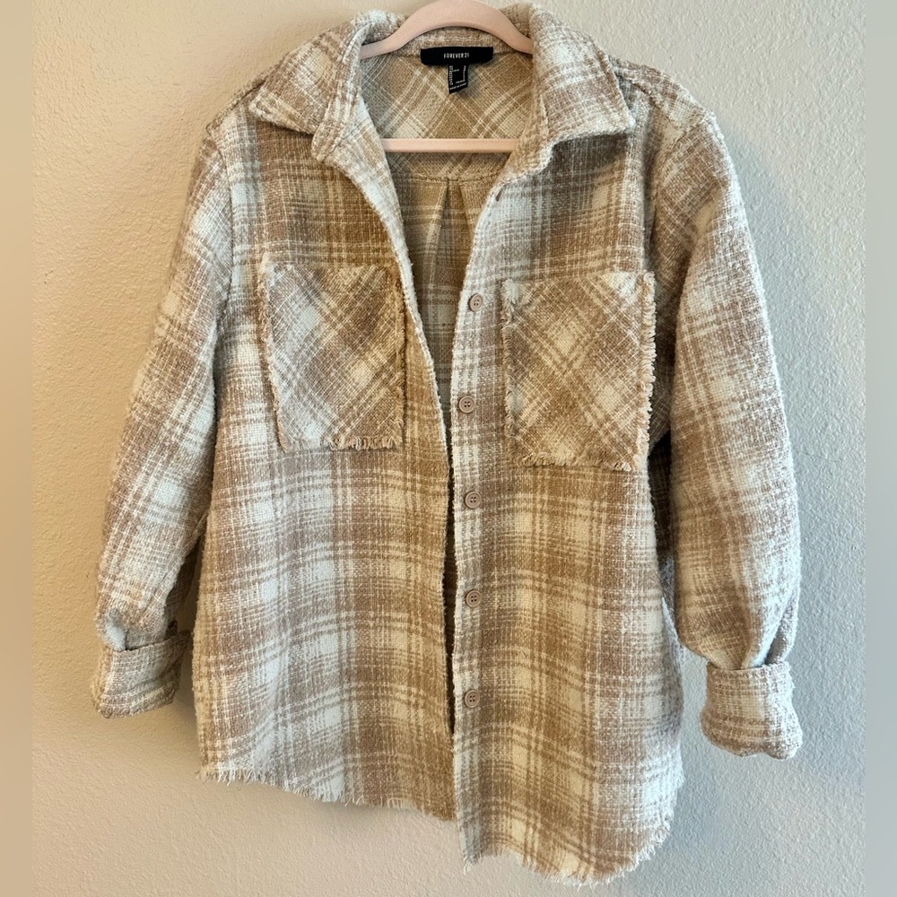 Forever 21 Plaid Button-Up Oversized Jacket in Cream & Tan